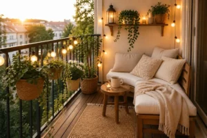 small balcony design ideas with cozy seating and plants