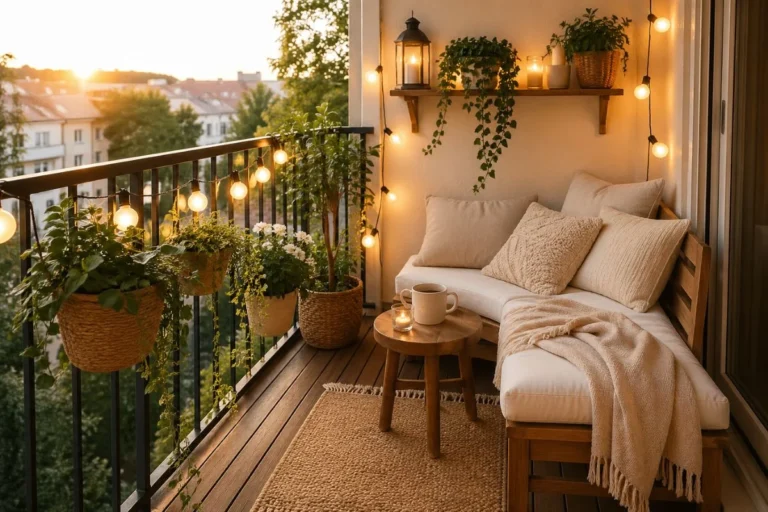 small balcony design ideas with cozy seating and plants