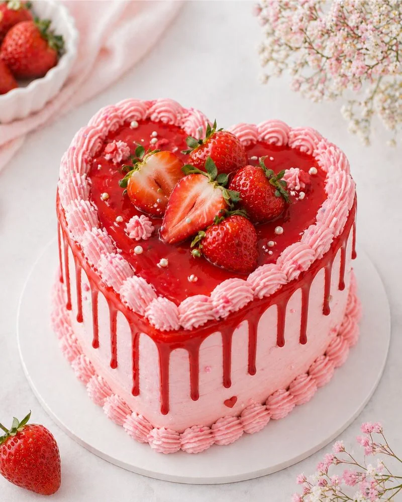 Strawberry drip mini heart cake with glossy pink drip and fresh strawberries on top