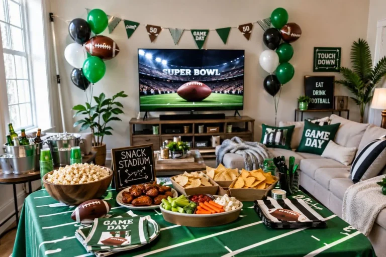Super Bowl party decor setup in living room with balloons and snack table