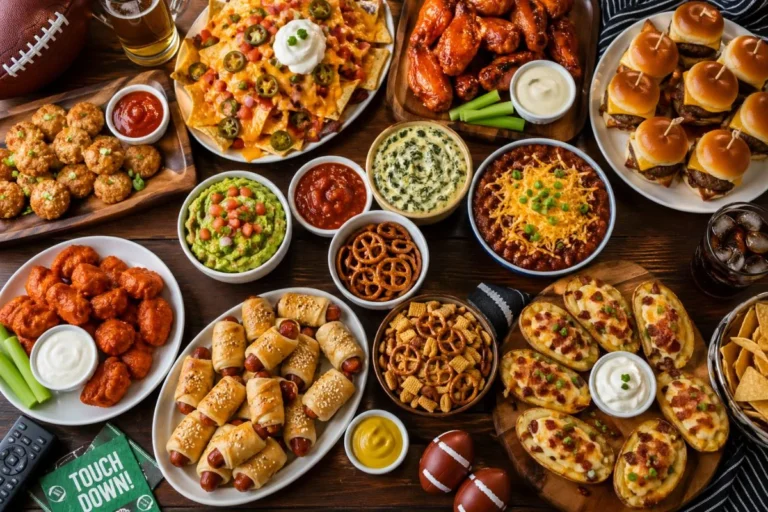 Super Bowl party food ideas with snacks like wings sliders and dips