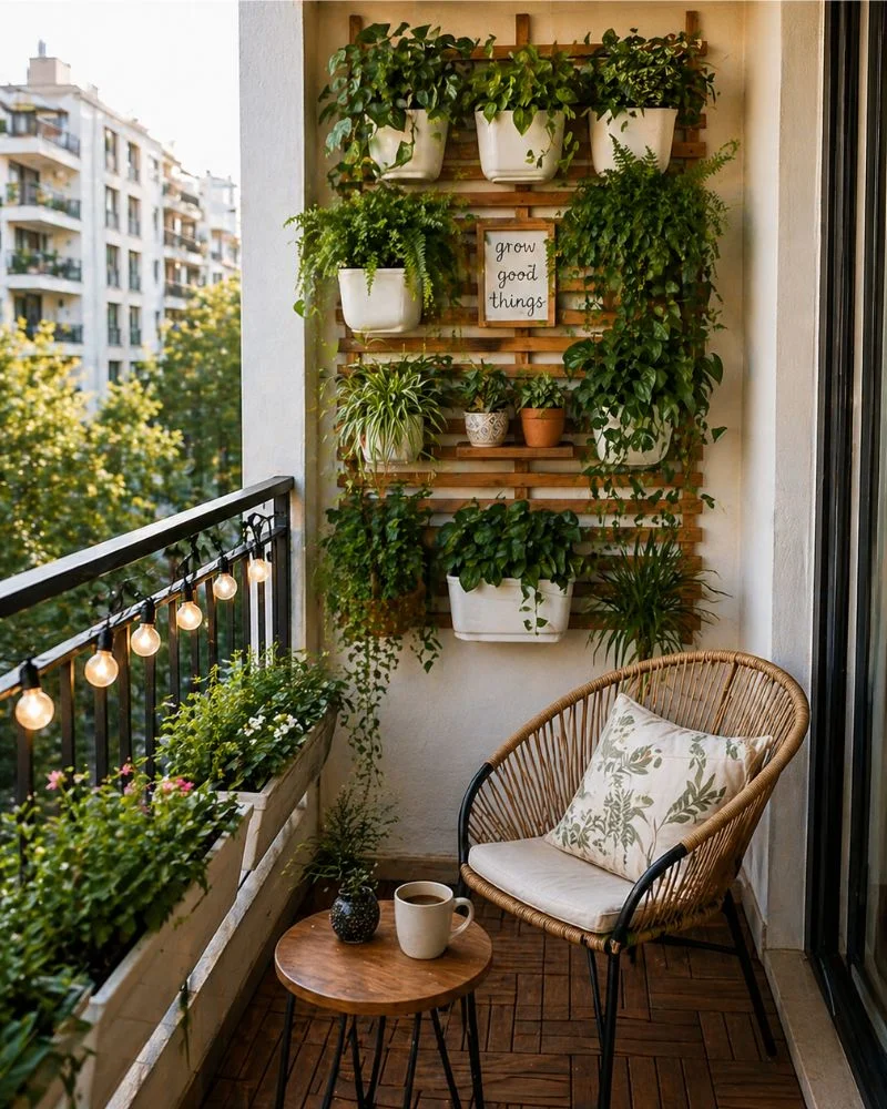 Vertical plant wall on a small balcony with hanging pots and a trellis