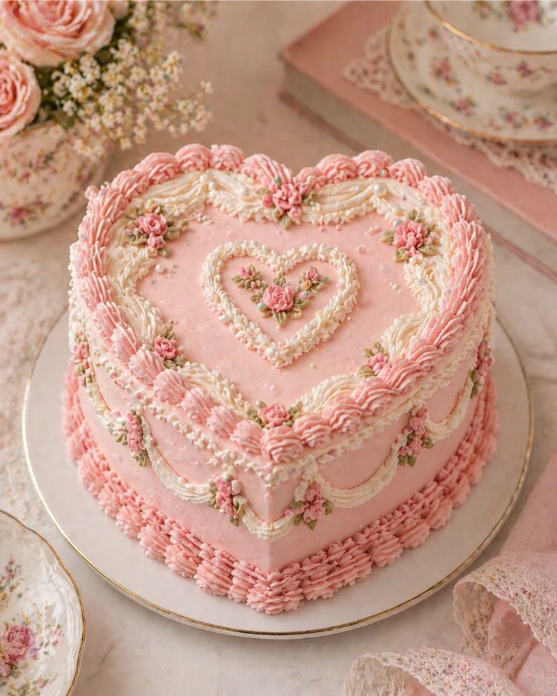 Vintage mini heart cake with classic ruffled piping and retro pastel design