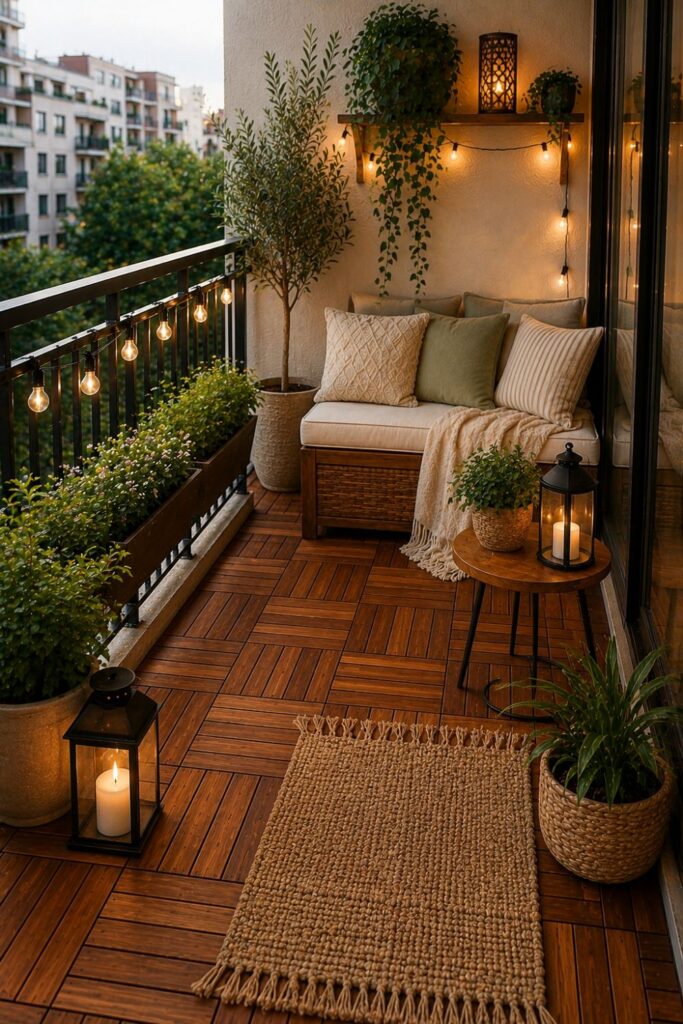 Small balcony floor covered with interlocking wooden deck tiles