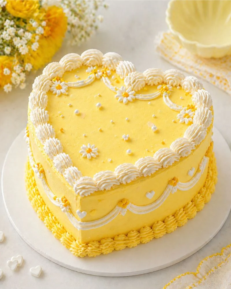 Bright yellow sunshine mini heart cake with white decorative details