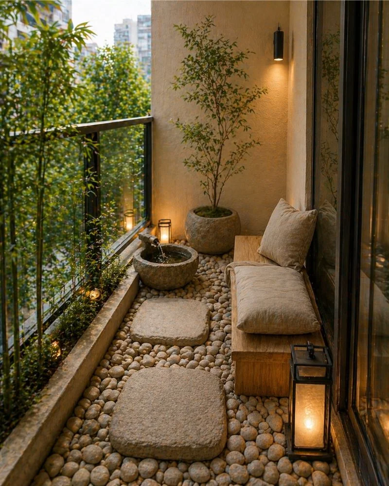 Small balcony with calm zen style design, bamboo and neutral tones