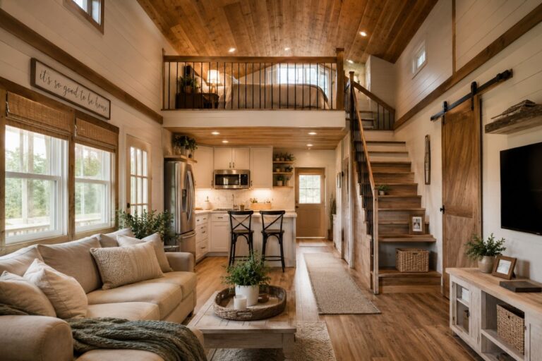Cozy 16x40 shed house interior with farmhouse decor and loft bedroom