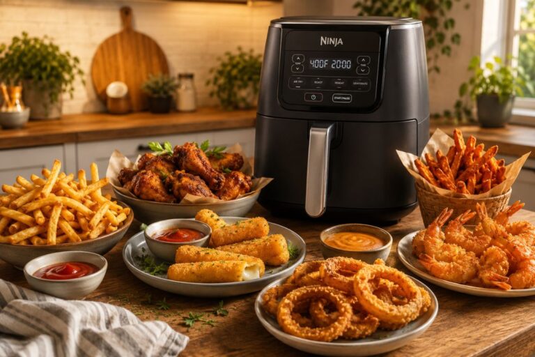 Crispy air fryer recipes made in Ninja air fryer with fries chicken wings and snacks