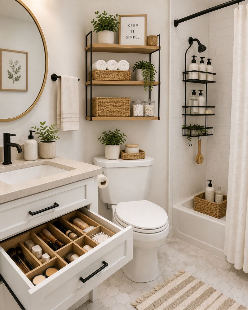 Bathroom storage ideas with an over-the-toilet shelf and drawer dividers