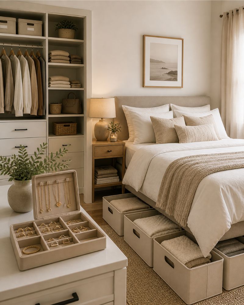 Bedroom organization with under-bed storage bins and closet organizer shelves