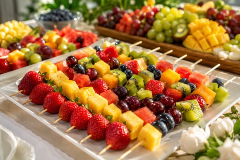 Colorful fruit skewers for parties on a serving tray with strawberries, grapes, pineapple, kiwi, and blueberries