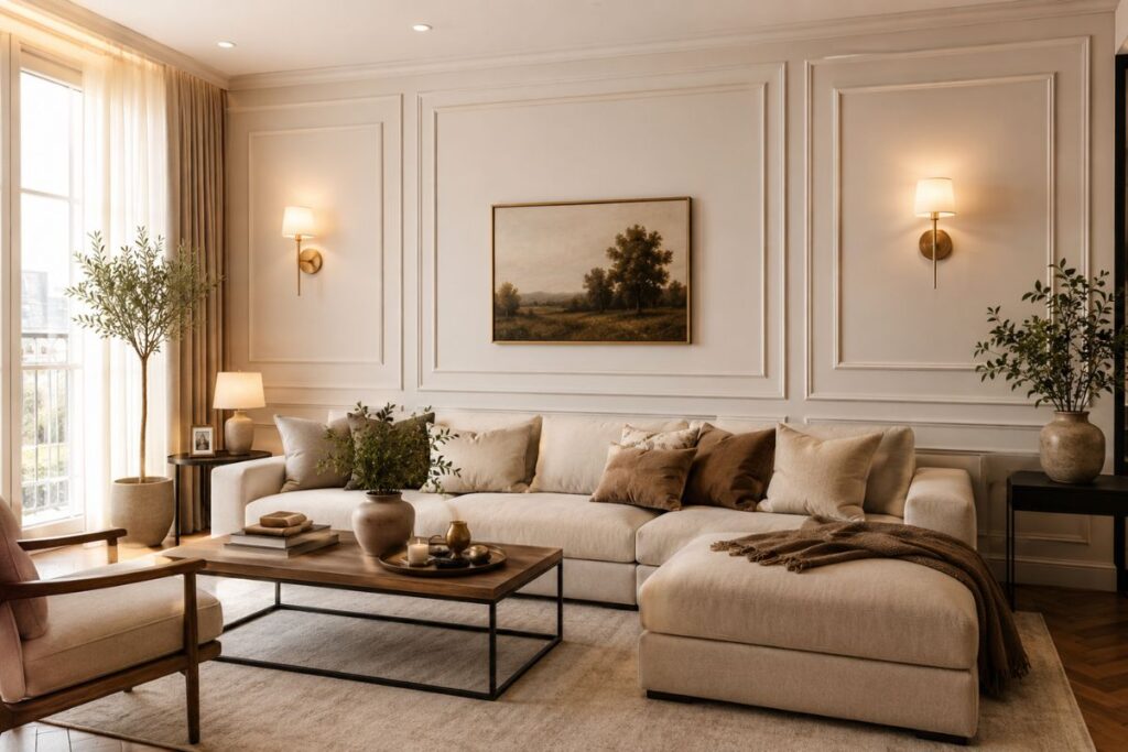 Luxury living room with modern wall molding ideas and elegant neutral decor