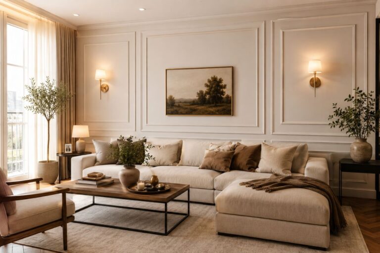 Luxury living room with modern wall molding ideas and elegant neutral decor