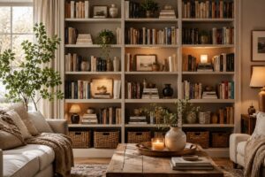 Beautiful styled bookshelf with lots of books, warm lighting, neutral decor, plants, and cozy home styling