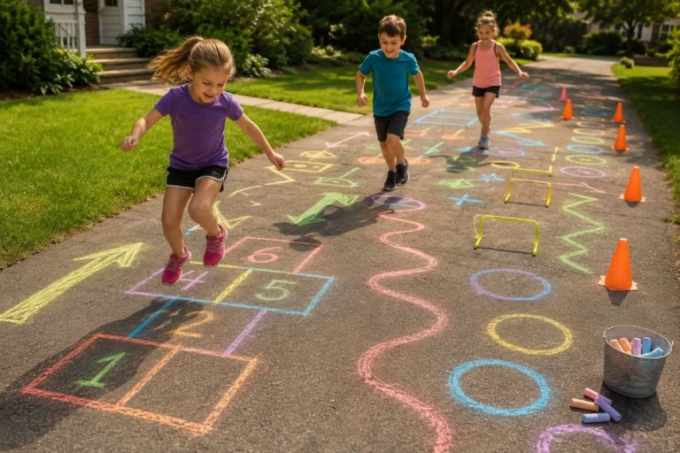 Kids playing a colorful chalk obstacle course outside on a driveway