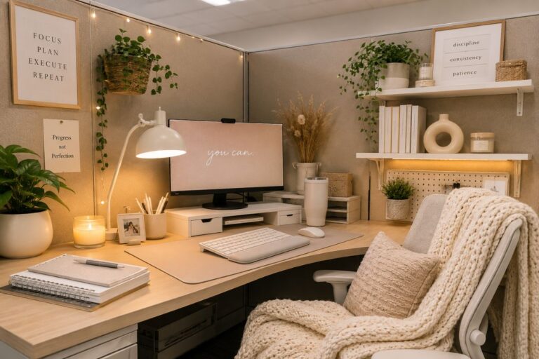 Cozy cubicle workspace with warm lighting plants and aesthetic office decor