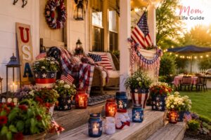 Dollar store 4th of July decorations on a patriotic front porch with DIY summer decor