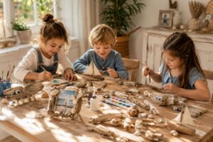 Kids making creative driftwood crafts at a cozy table with natural DIY decorations
