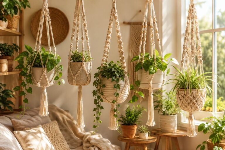 Easy DIY macrame plant hanger patterns with indoor plants in a cozy boho home