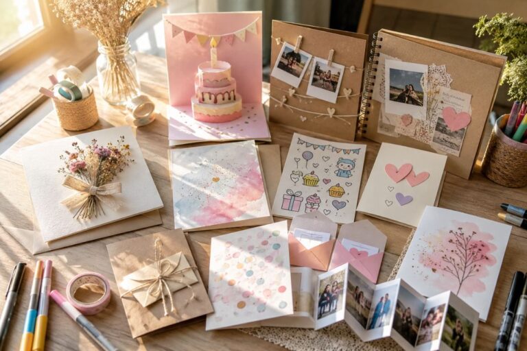 Easy handmade birthday card ideas for friends displayed on a cozy craft desk