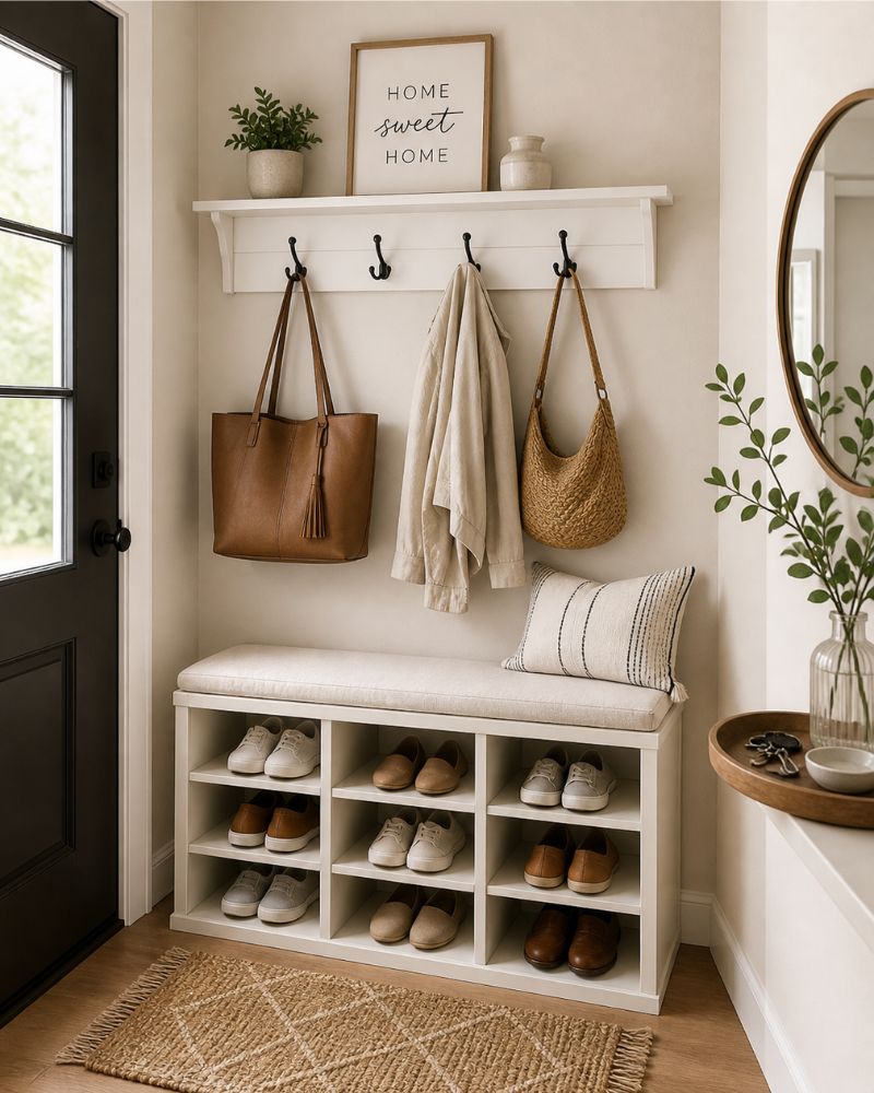 Entryway organization with wall hooks, shoe storage bench, and key tray near the front door