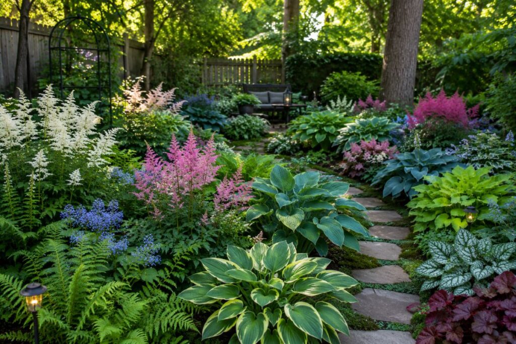 lush shade garden with hostas ferns and astilbe in backyard landscape
