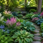 lush shade garden with hostas ferns and astilbe in backyard landscape