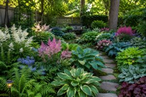 16 Foolproof Perennials That Thrive in the Shade lush shade garden with hostas ferns and astilbe in backyard landscape