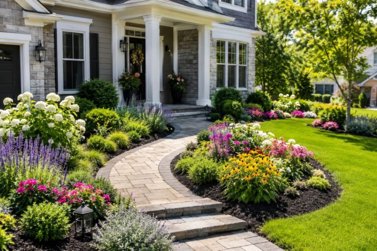 Beautiful front yard flower bed ideas with colorful flowers and modern landscaping
