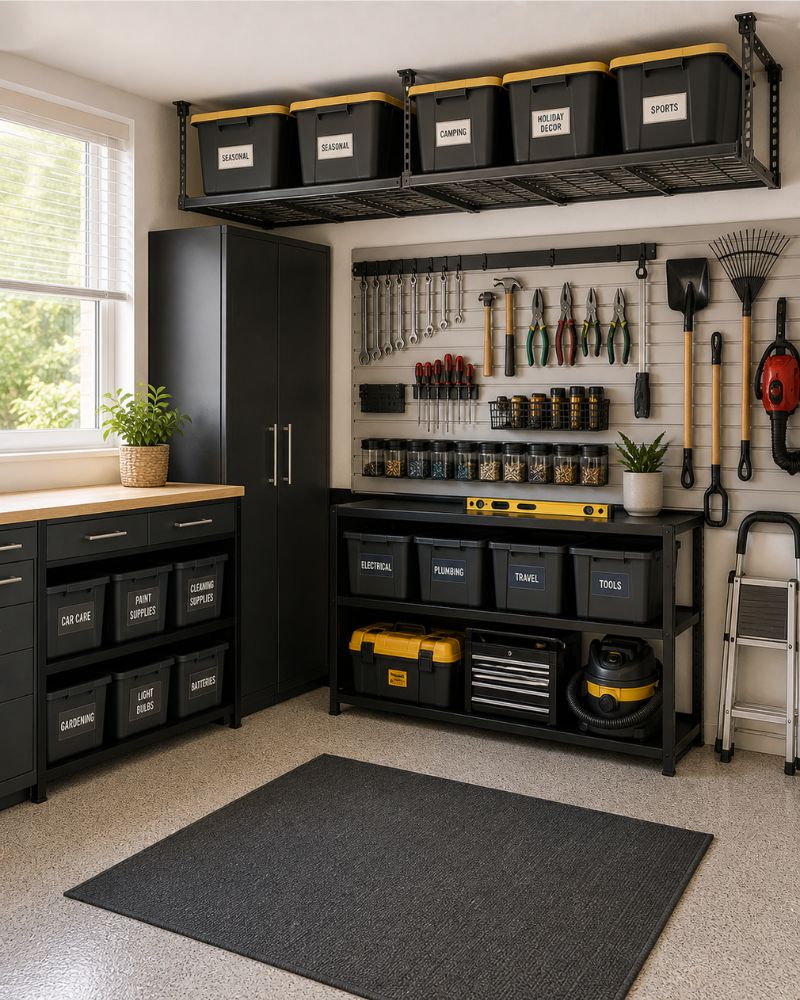 Garage storage with wall tool rack and overhead shelves