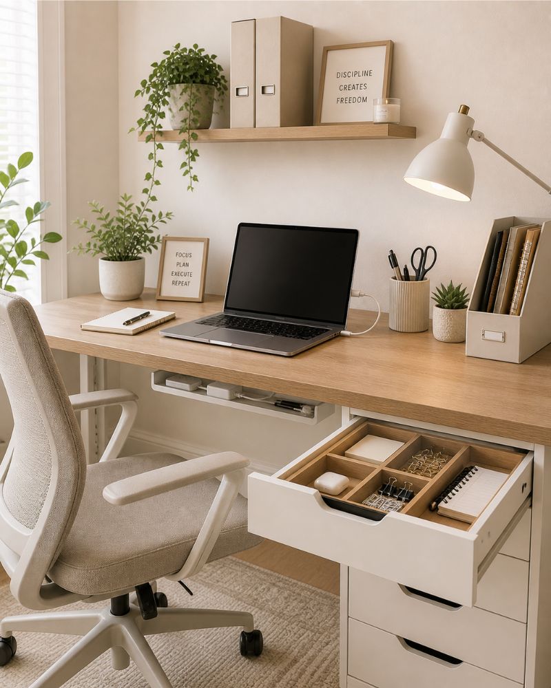 Home office desk with cable organizer and drawer storage trays