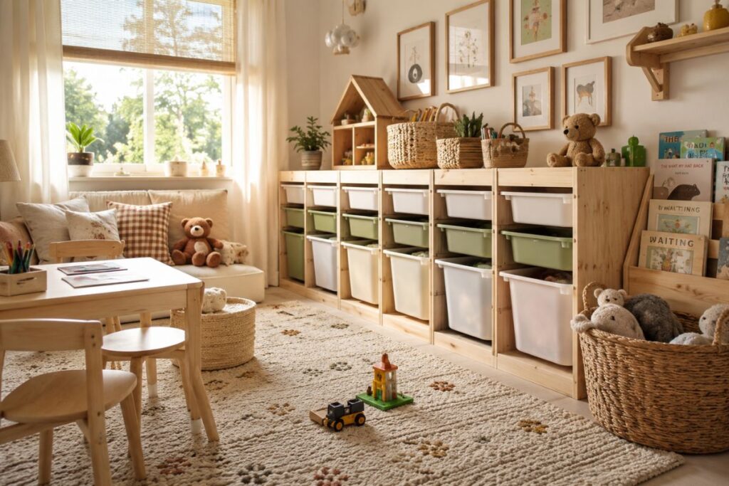 IKEA TROFAST toy storage wall in a cozy kids playroom