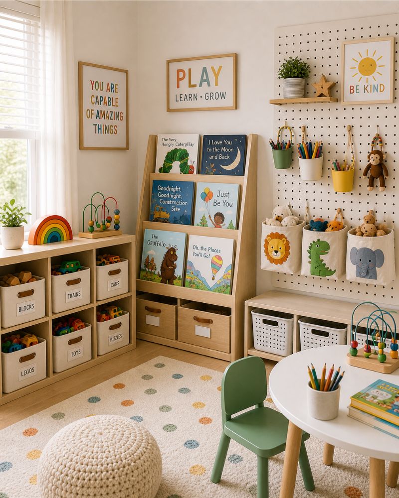 Kids room storage bins, book display rack, and pegboard wall organization
