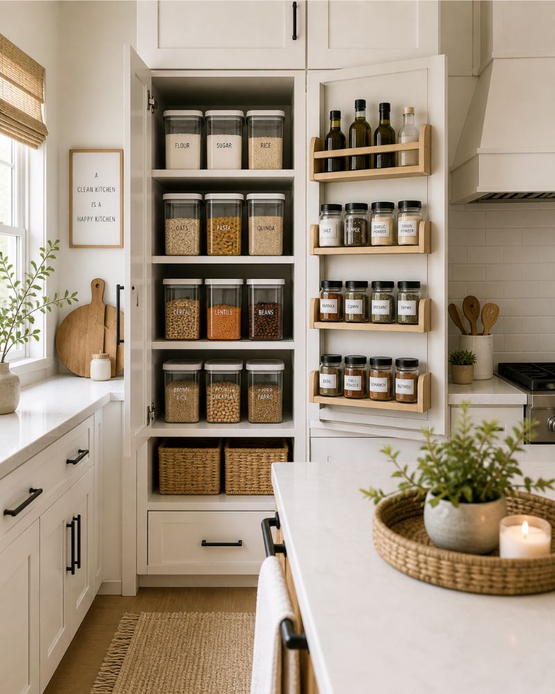 Kitchen organization with clear pantry containers and a spice rack organizer