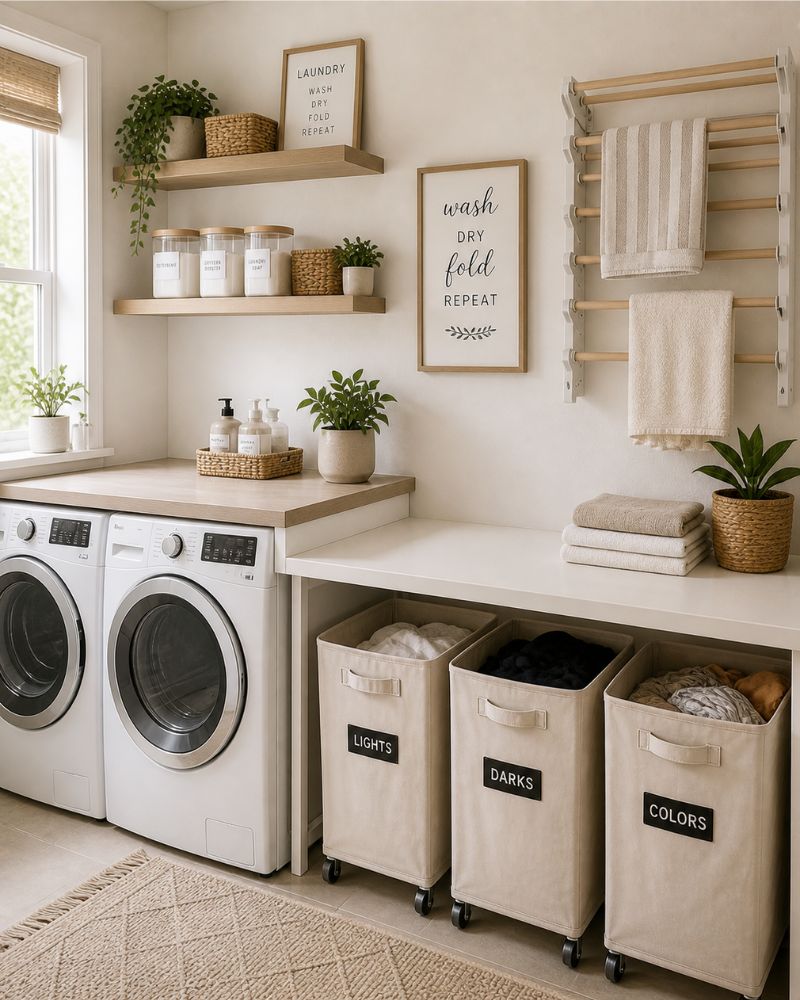 Laundry room with folding station, sorting bins, and wall drying rack