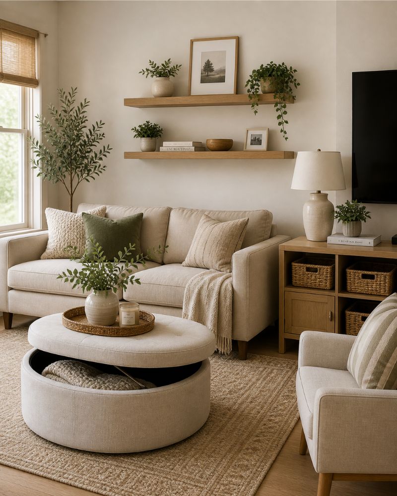 Living room storage baskets, ottoman, and floating shelves keeping the space tidy