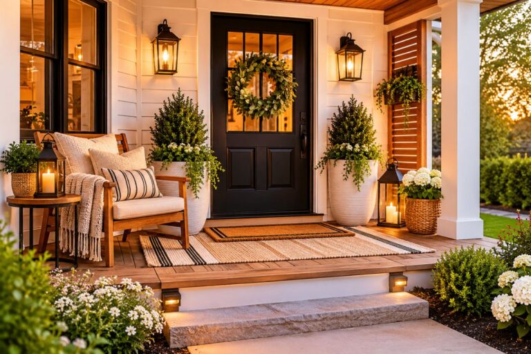 Modern small front porch ideas with cozy seating, neutral decor, black accents and stylish planters