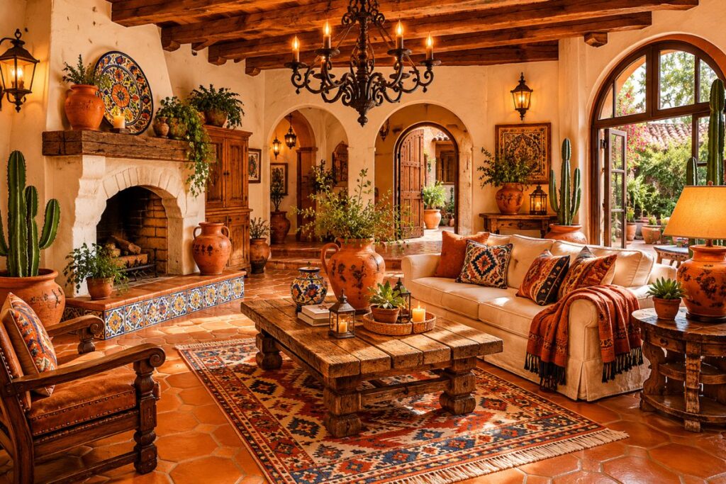 Old Mexican home decor living room with rustic hacienda style furniture and warm earthy colors