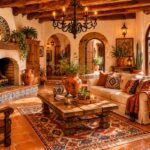 Old Mexican home decor living room with rustic hacienda style furniture and warm earthy colors