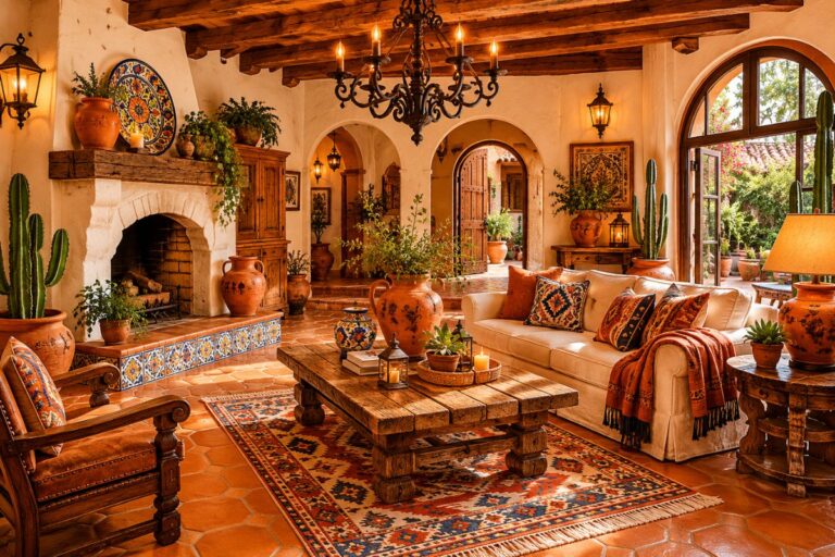 Old Mexican home decor living room with rustic hacienda style furniture and warm earthy colors