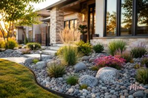 Modern front yard with river rock landscaping instead of mulch, decorative plants, clean garden borders, and low-maintenance outdoor design