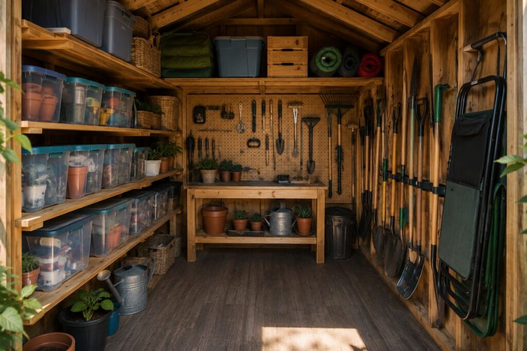 organized backyard shed with shelves bins tools and smart shed storage ideas