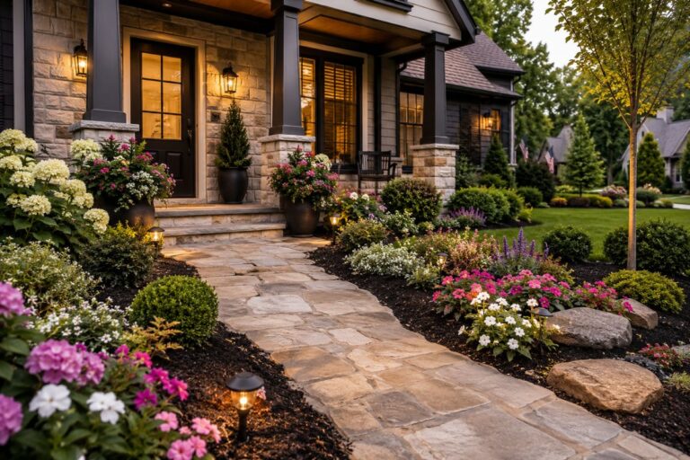 Small front yard landscaping ideas with flowers pathway and cozy curb appeal