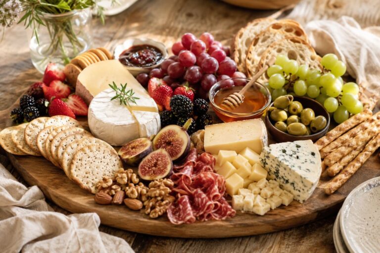 Beautiful charcuterie platter with cheese, crackers, fruit, nuts, and dips for a cozy party table