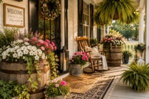 Beautiful summer front porch with colorful flower pots, farmhouse planters, hanging ferns, and cozy outdoor decor.