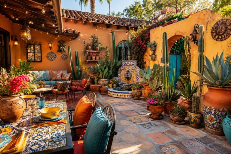 Colorful Mexican patio with clay pots, Talavera decor, string lights, and cozy outdoor seating