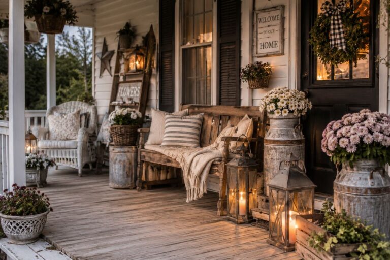 Cozy vintage porch decor with rustic farmhouse furniture lanterns flowers and wooden crates