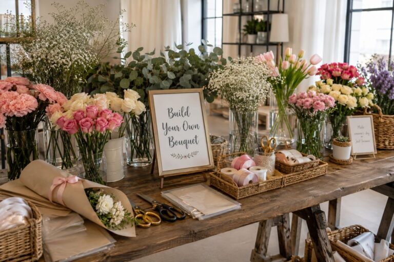 Beautiful DIY flower bar with fresh blooms, wrapping paper, and ribbons for a party