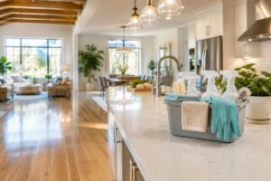 Bright modern home with organized cleaning supplies and spotless kitchen