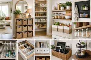 DIY home organization ideas with storage baskets shelves and organized spaces